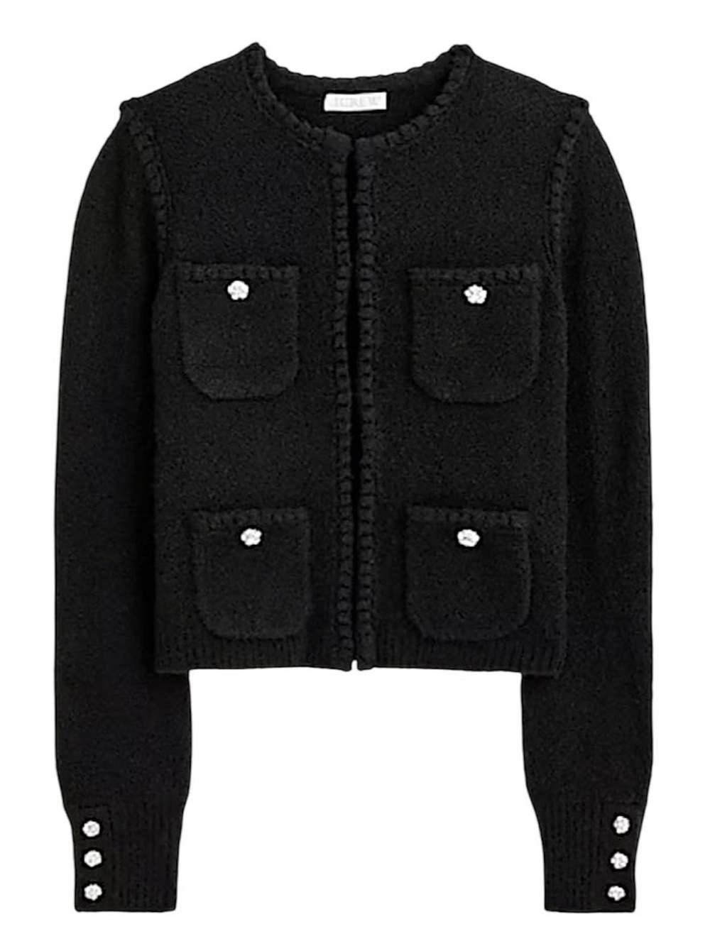 J. Crew Black Odette Boucle Cardigan / Lady Jacket with Crystal Button Detail